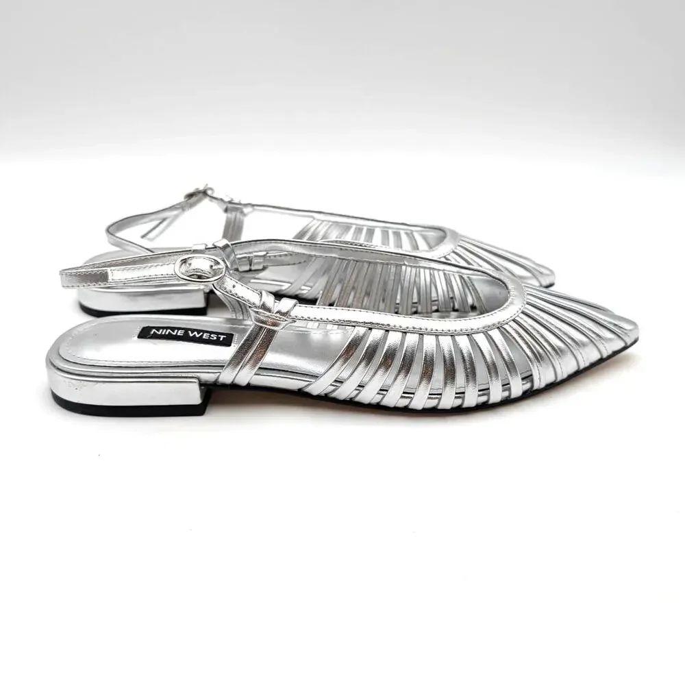Nine West Duria Slingback Flats Pointed Toe Women's Silver Size US8M EU38.5